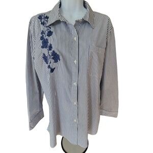 Grand & Greene Navy Striped Blouse with Floral Embroidery